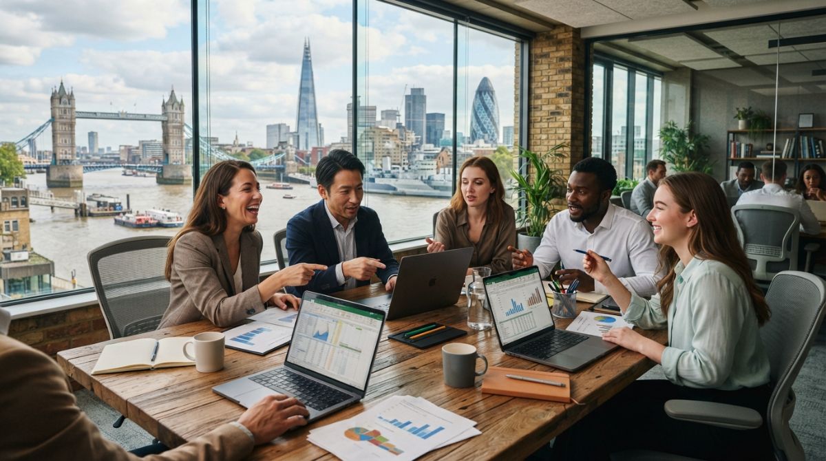 A professional modern corporate office in London overlooking the Thames river, with diverse expat entrepreneurs collaborating around a wooden table with laptops and financial charts, shot in editorial photography style, 8k resolution