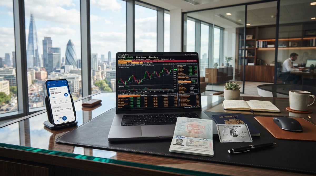A professional modern corporate desk setting with a sleek laptop showing financial data charts, an open passport with a visa stamp, a premium metal debit card, and a smartphone displaying a secure mobile banking interface, background features a clean high-rise corporate office view, professional lighting and composition.