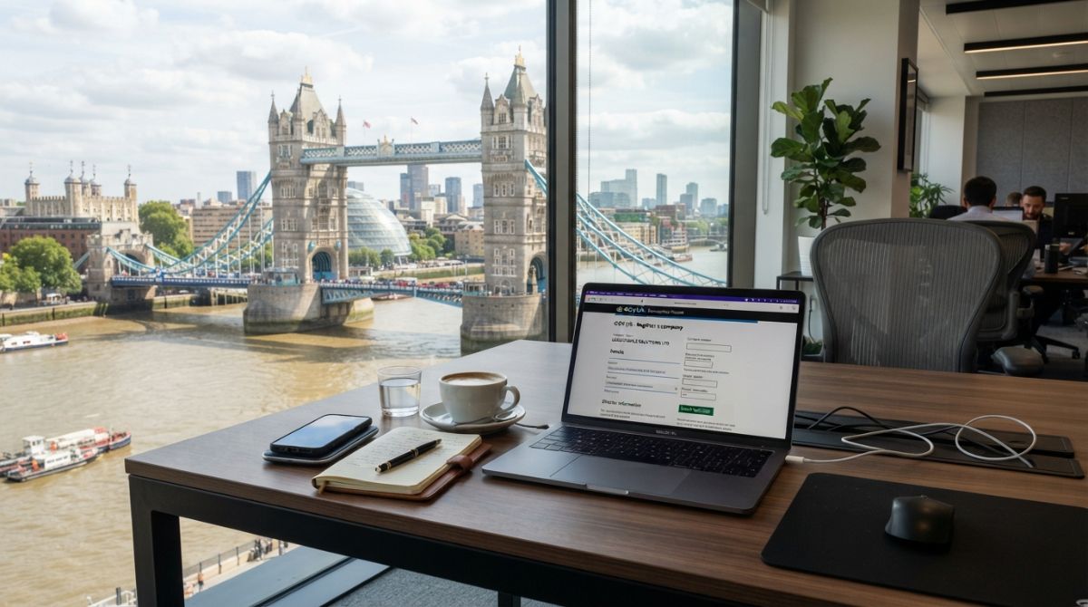 A professional modern office desk in London with a laptop showing UK company registration forms, a cup of coffee, and a view of the Tower Bridge through a large window, bright daylight, high-resolution photography