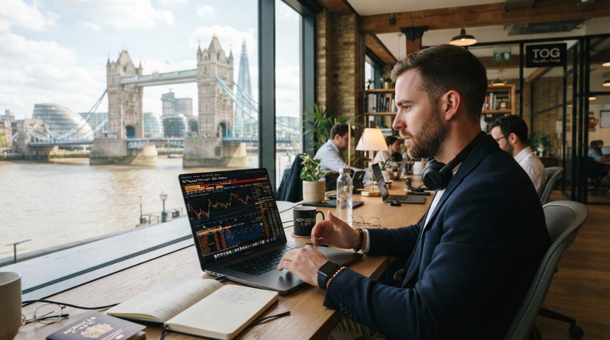 A professional expat entrepreneur working in a modern London co-working space, analyzing financial charts on a laptop with the Tower Bridge visible through the window, highly detailed, realistic corporate photography