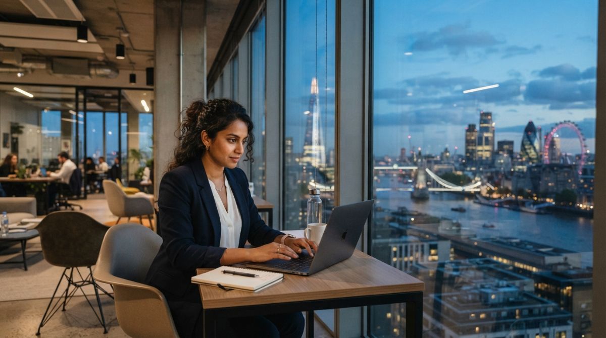 A professional foreign entrepreneur working on a laptop in a modern London office, with the iconic London skyline visible through the window