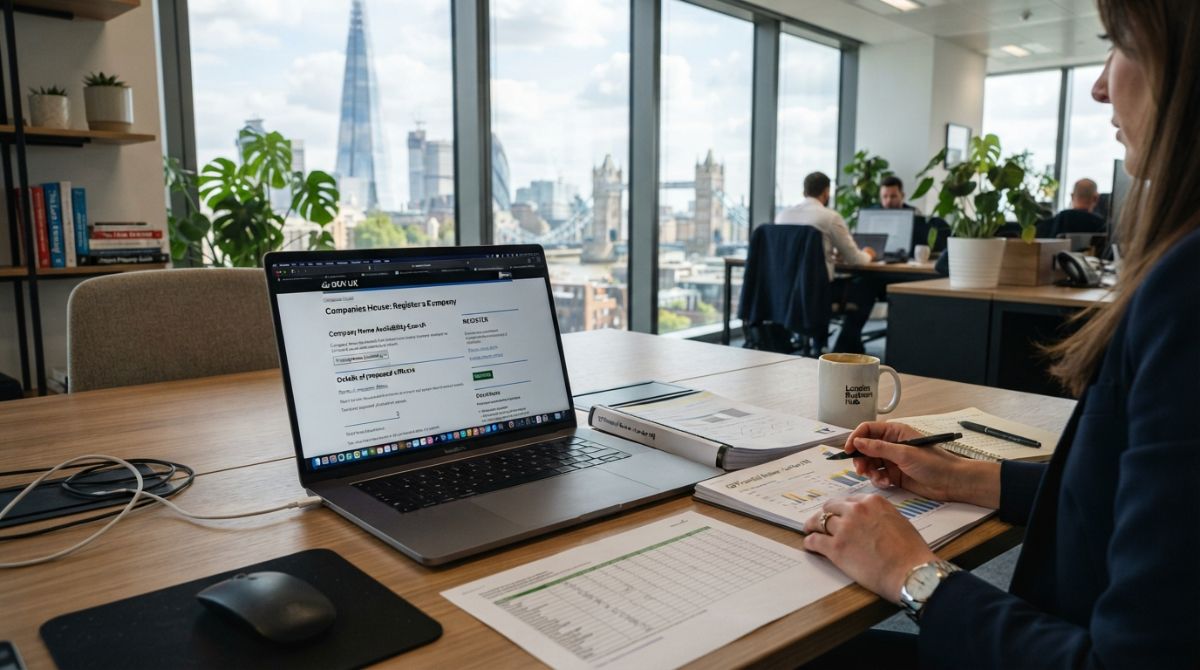 A professional modern office workspace in London with a laptop displaying a business registration page, financial documents, and a coffee mug, high-resolution photo