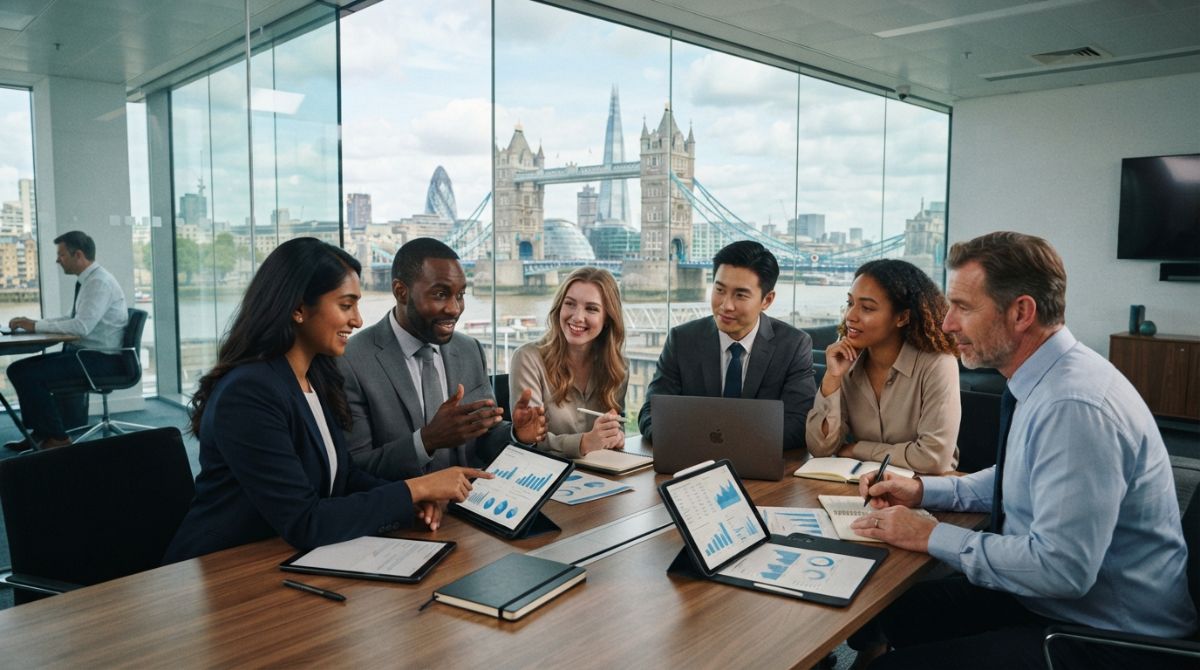 A diverse team of professional business people in a modern glass office overlooking the London skyline with the Tower Bridge visible, collaborating dynamically around a desk with digital tablets and analytics charts, professional corporate setting, cinematic lighting.